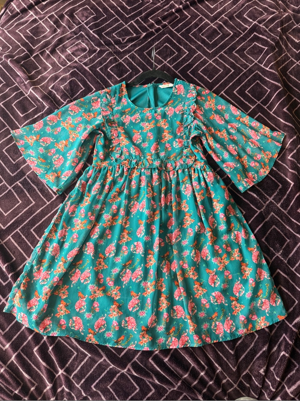 Kids Floral Teal Dress with Ruffle Details